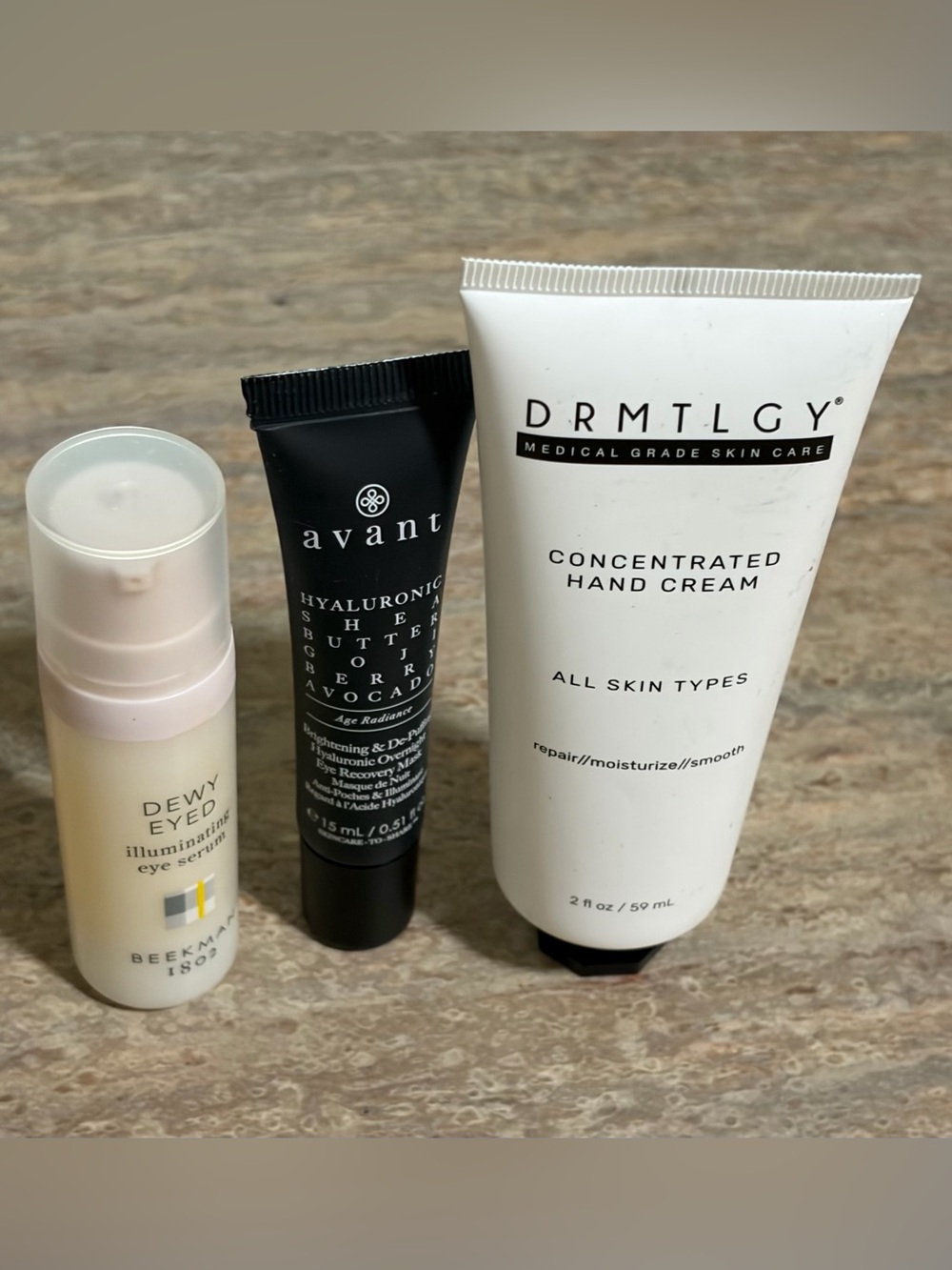 Beekman 1802 Dewy Eyed serum, DRMTLGY Hand Cream, Avant eye recovery mask